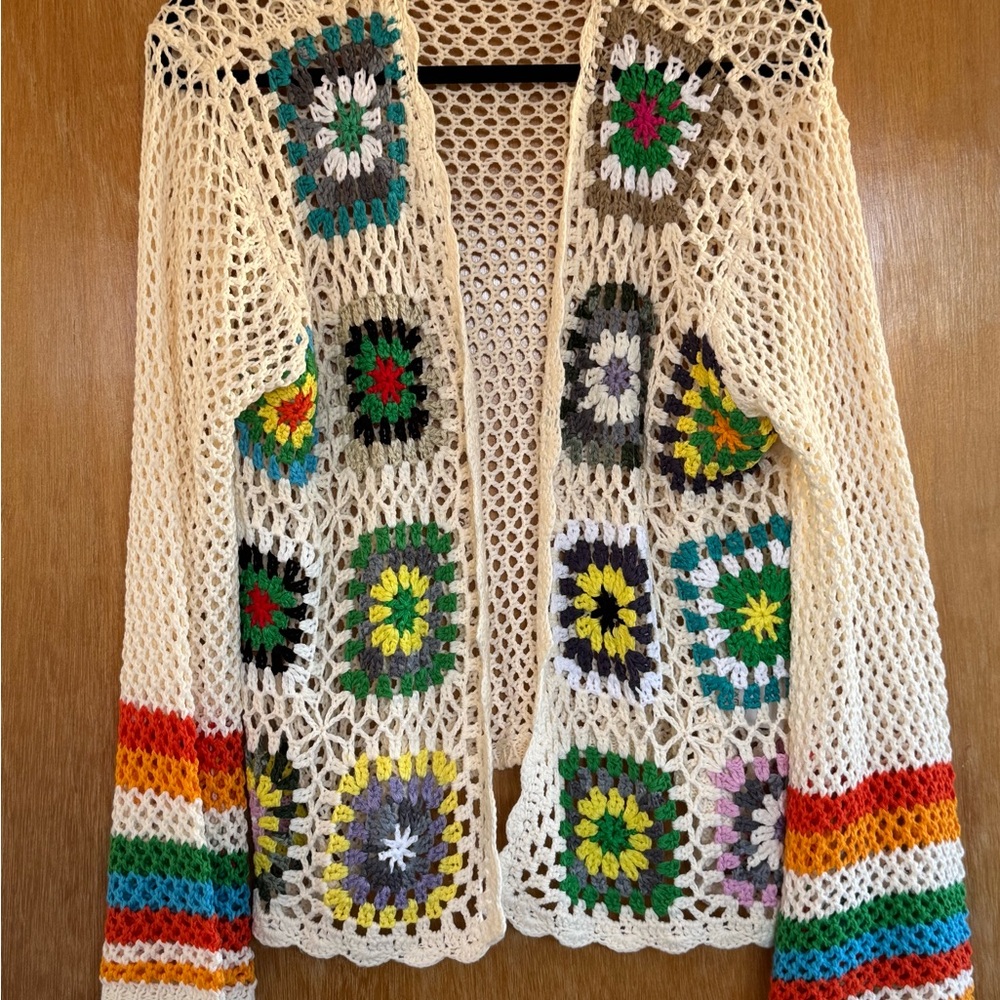 Colorful Crochet Open-Front Sweater